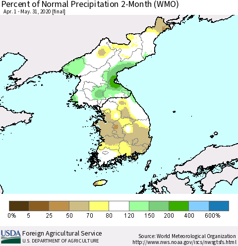 Korea Percent of Normal Precipitation 2-Month (WMO) Thematic Map For 4/1/2020 - 5/31/2020