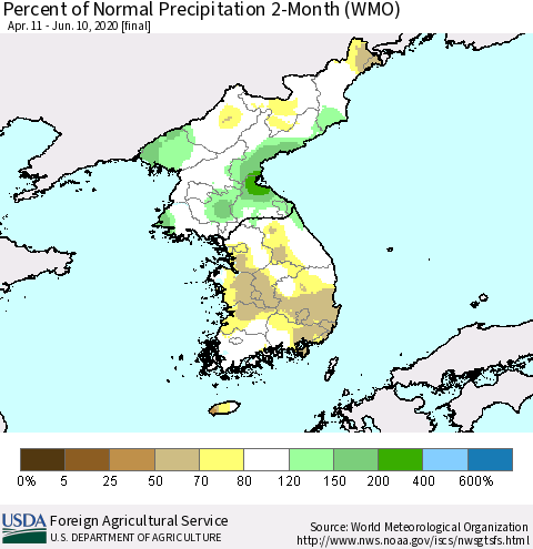Korea Percent of Normal Precipitation 2-Month (WMO) Thematic Map For 4/11/2020 - 6/10/2020