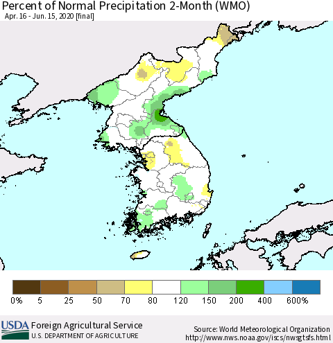 Korea Percent of Normal Precipitation 2-Month (WMO) Thematic Map For 4/16/2020 - 6/15/2020