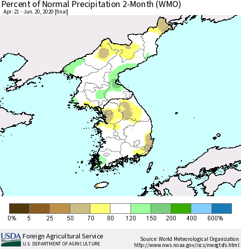 Korea Percent of Normal Precipitation 2-Month (WMO) Thematic Map For 4/21/2020 - 6/20/2020