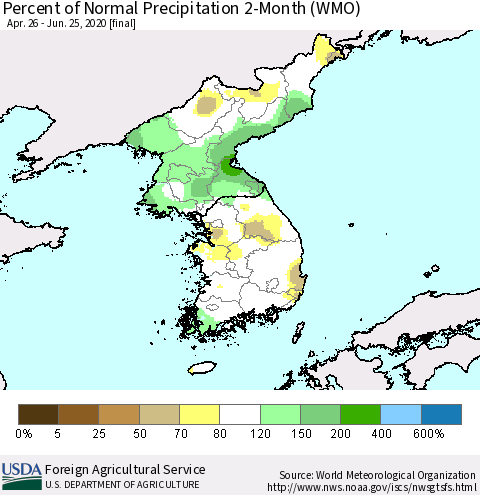 Korea Percent of Normal Precipitation 2-Month (WMO) Thematic Map For 4/26/2020 - 6/25/2020