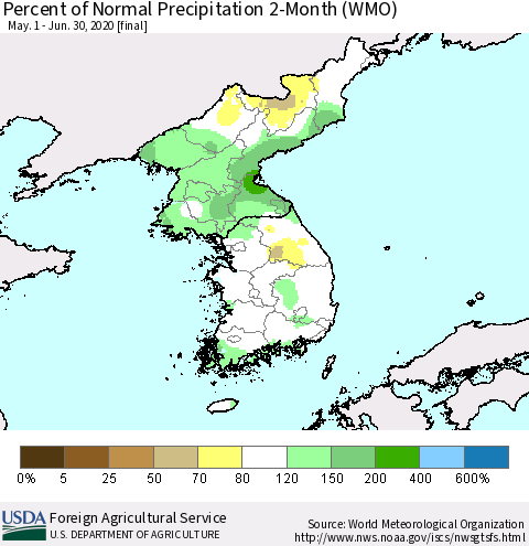 Korea Percent of Normal Precipitation 2-Month (WMO) Thematic Map For 5/1/2020 - 6/30/2020