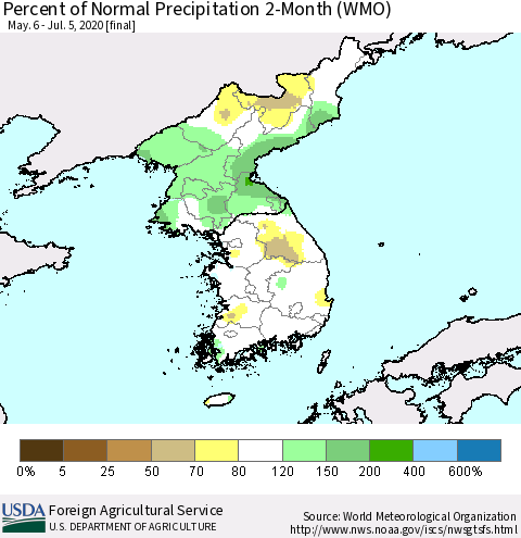 Korea Percent of Normal Precipitation 2-Month (WMO) Thematic Map For 5/6/2020 - 7/5/2020