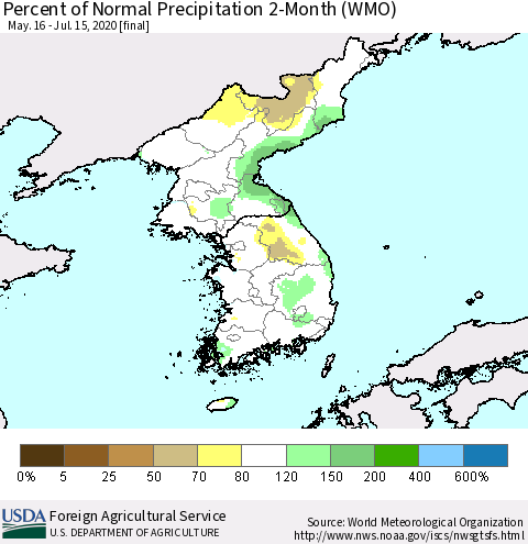 Korea Percent of Normal Precipitation 2-Month (WMO) Thematic Map For 5/16/2020 - 7/15/2020