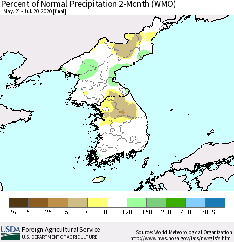 Korea Percent of Normal Precipitation 2-Month (WMO) Thematic Map For 5/21/2020 - 7/20/2020