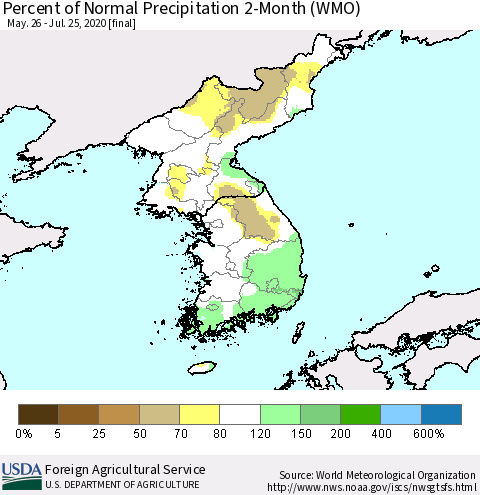 Korea Percent of Normal Precipitation 2-Month (WMO) Thematic Map For 5/26/2020 - 7/25/2020