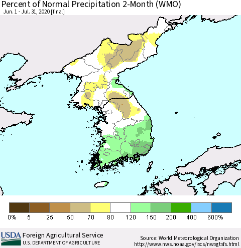 Korea Percent of Normal Precipitation 2-Month (WMO) Thematic Map For 6/1/2020 - 7/31/2020