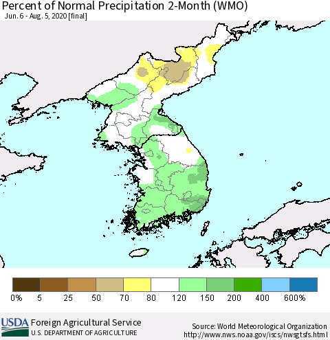 Korea Percent of Normal Precipitation 2-Month (WMO) Thematic Map For 6/6/2020 - 8/5/2020