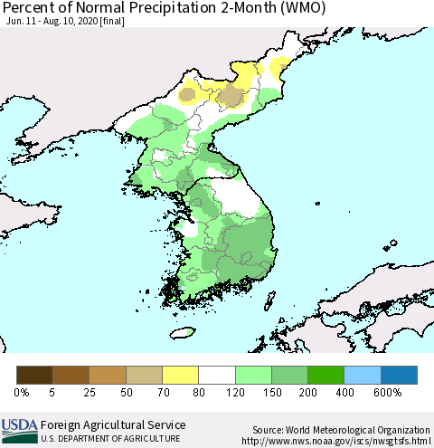 Korea Percent of Normal Precipitation 2-Month (WMO) Thematic Map For 6/11/2020 - 8/10/2020