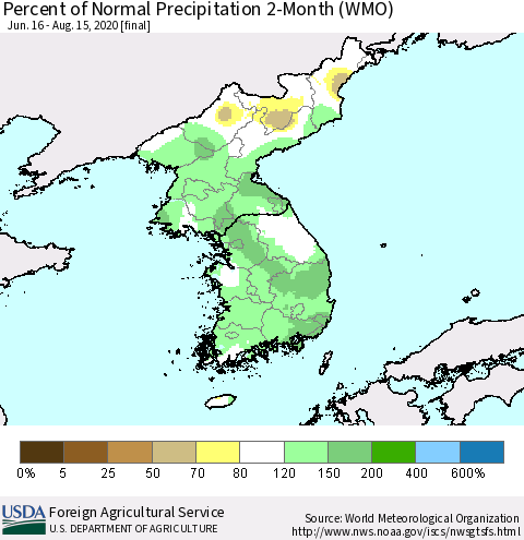 Korea Percent of Normal Precipitation 2-Month (WMO) Thematic Map For 6/16/2020 - 8/15/2020