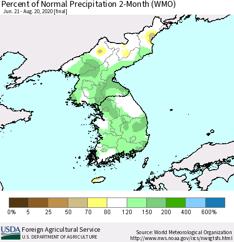 Korea Percent of Normal Precipitation 2-Month (WMO) Thematic Map For 6/21/2020 - 8/20/2020