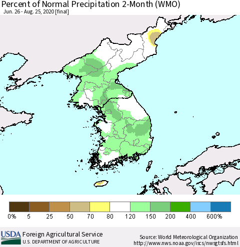 Korea Percent of Normal Precipitation 2-Month (WMO) Thematic Map For 6/26/2020 - 8/25/2020