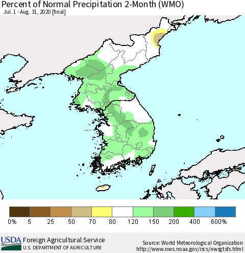 Korea Percent of Normal Precipitation 2-Month (WMO) Thematic Map For 7/1/2020 - 8/31/2020
