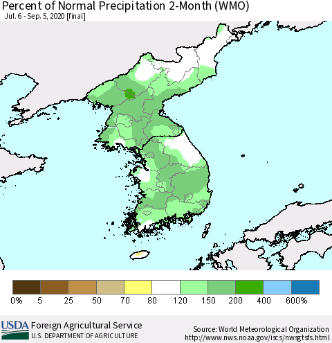 Korea Percent of Normal Precipitation 2-Month (WMO) Thematic Map For 7/6/2020 - 9/5/2020