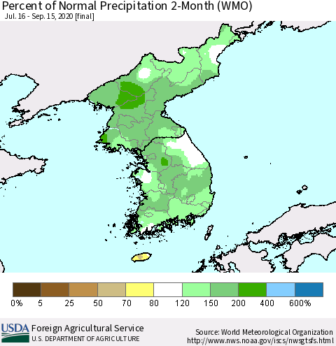 Korea Percent of Normal Precipitation 2-Month (WMO) Thematic Map For 7/16/2020 - 9/15/2020