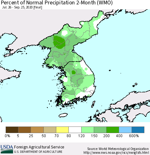 Korea Percent of Normal Precipitation 2-Month (WMO) Thematic Map For 7/26/2020 - 9/25/2020