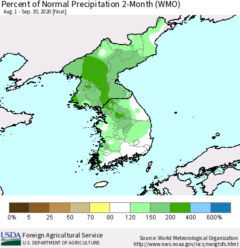 Korea Percent of Normal Precipitation 2-Month (WMO) Thematic Map For 8/1/2020 - 9/30/2020