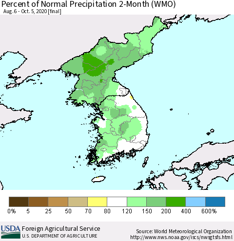 Korea Percent of Normal Precipitation 2-Month (WMO) Thematic Map For 8/6/2020 - 10/5/2020