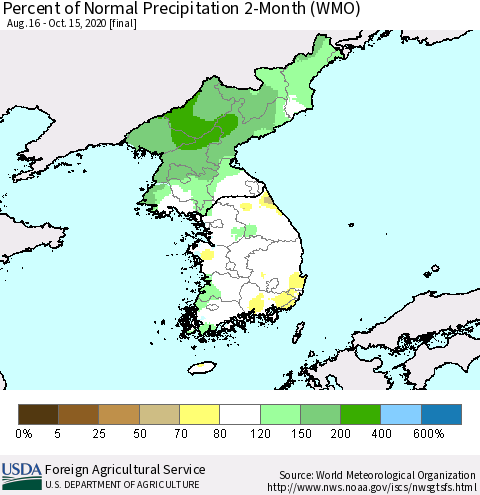 Korea Percent of Normal Precipitation 2-Month (WMO) Thematic Map For 8/16/2020 - 10/15/2020
