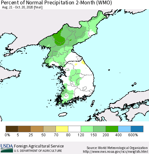 Korea Percent of Normal Precipitation 2-Month (WMO) Thematic Map For 8/21/2020 - 10/20/2020