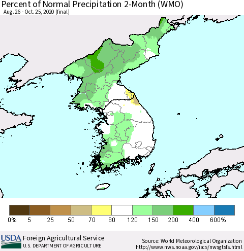 Korea Percent of Normal Precipitation 2-Month (WMO) Thematic Map For 8/26/2020 - 10/25/2020