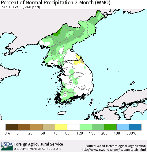 Korea Percent of Normal Precipitation 2-Month (WMO) Thematic Map For 9/1/2020 - 10/31/2020