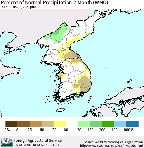 Korea Percent of Normal Precipitation 2-Month (WMO) Thematic Map For 9/6/2020 - 11/5/2020