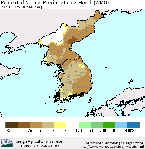 Korea Percent of Normal Precipitation 2-Month (WMO) Thematic Map For 9/11/2020 - 11/10/2020