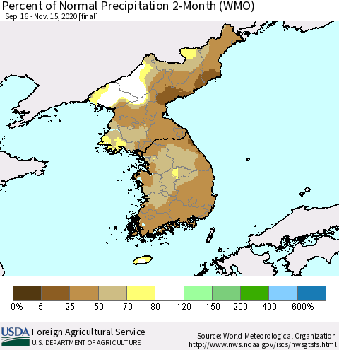 Korea Percent of Normal Precipitation 2-Month (WMO) Thematic Map For 9/16/2020 - 11/15/2020