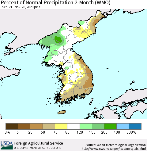 Korea Percent of Normal Precipitation 2-Month (WMO) Thematic Map For 9/21/2020 - 11/20/2020