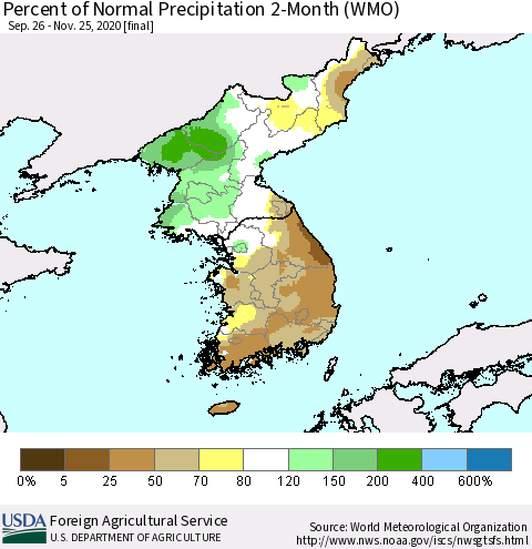 Korea Percent of Normal Precipitation 2-Month (WMO) Thematic Map For 9/26/2020 - 11/25/2020