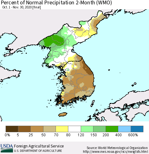 Korea Percent of Normal Precipitation 2-Month (WMO) Thematic Map For 10/1/2020 - 11/30/2020