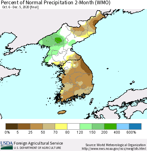 Korea Percent of Normal Precipitation 2-Month (WMO) Thematic Map For 10/6/2020 - 12/5/2020