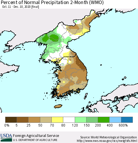 Korea Percent of Normal Precipitation 2-Month (WMO) Thematic Map For 10/11/2020 - 12/10/2020
