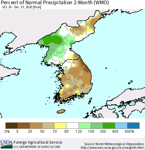 Korea Percent of Normal Precipitation 2-Month (WMO) Thematic Map For 10/16/2020 - 12/15/2020