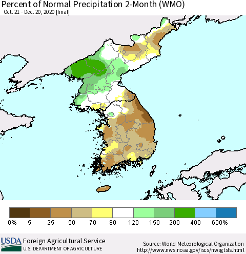 Korea Percent of Normal Precipitation 2-Month (WMO) Thematic Map For 10/21/2020 - 12/20/2020