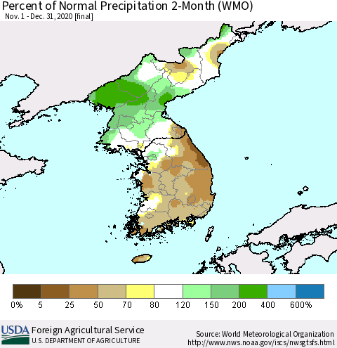 Korea Percent of Normal Precipitation 2-Month (WMO) Thematic Map For 11/1/2020 - 12/31/2020