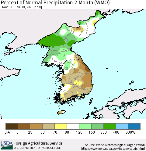 Korea Percent of Normal Precipitation 2-Month (WMO) Thematic Map For 11/11/2020 - 1/10/2021