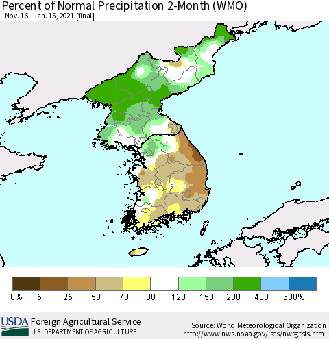 Korea Percent of Normal Precipitation 2-Month (WMO) Thematic Map For 11/16/2020 - 1/15/2021