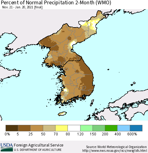 Korea Percent of Normal Precipitation 2-Month (WMO) Thematic Map For 11/21/2020 - 1/20/2021