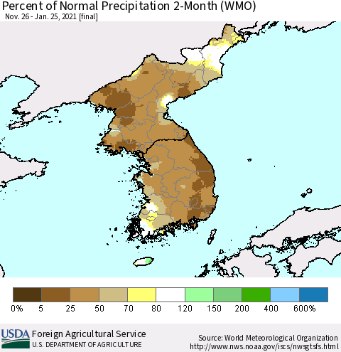 Korea Percent of Normal Precipitation 2-Month (WMO) Thematic Map For 11/26/2020 - 1/25/2021