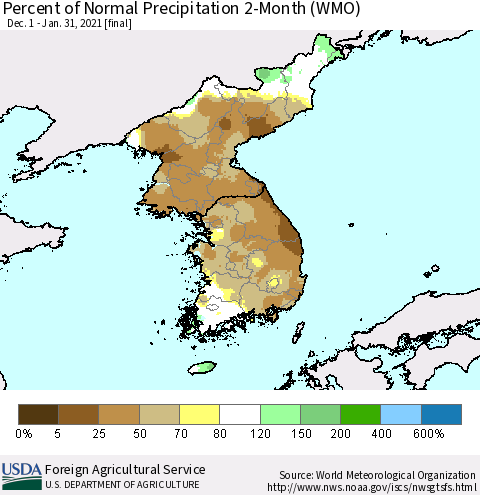 Korea Percent of Normal Precipitation 2-Month (WMO) Thematic Map For 12/1/2020 - 1/31/2021