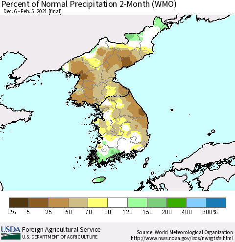 Korea Percent of Normal Precipitation 2-Month (WMO) Thematic Map For 12/6/2020 - 2/5/2021