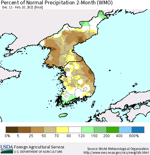 Korea Percent of Normal Precipitation 2-Month (WMO) Thematic Map For 12/11/2020 - 2/10/2021