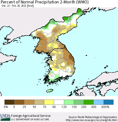 Korea Percent of Normal Precipitation 2-Month (WMO) Thematic Map For 12/21/2020 - 2/20/2021