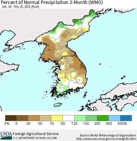 Korea Percent of Normal Precipitation 2-Month (WMO) Thematic Map For 12/26/2020 - 2/25/2021