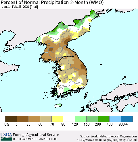 Korea Percent of Normal Precipitation 2-Month (WMO) Thematic Map For 1/1/2021 - 2/28/2021