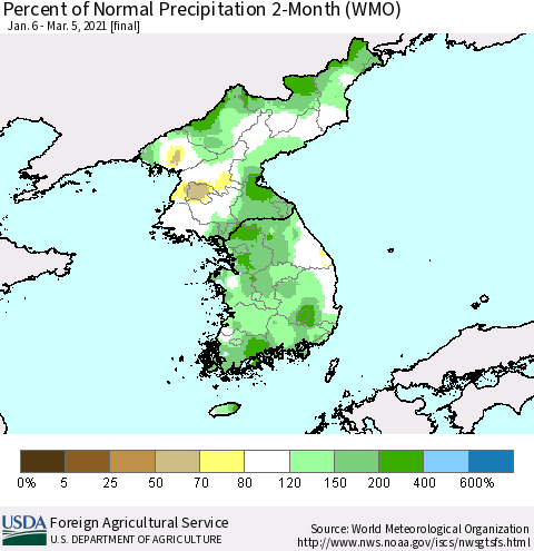 Korea Percent of Normal Precipitation 2-Month (WMO) Thematic Map For 1/6/2021 - 3/5/2021