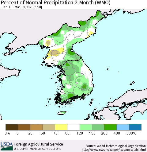 Korea Percent of Normal Precipitation 2-Month (WMO) Thematic Map For 1/11/2021 - 3/10/2021