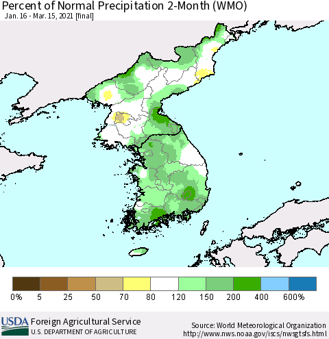 Korea Percent of Normal Precipitation 2-Month (WMO) Thematic Map For 1/16/2021 - 3/15/2021